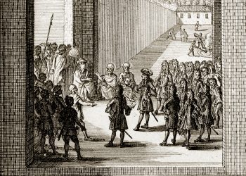 Audience donnÈe par le sultan du Maroc Moulay IsmaÔl (1646-1727) ‡ M. de Saint-Olon, ambassadeur de France (1693). Gravure de F. Erlinger. Paris, bibliothËque du SÈnat.     RV-320004B