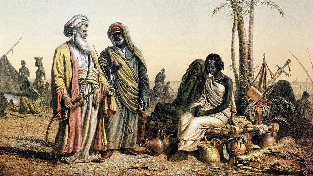 Slave market near Kenneh, Egypt, engraving from 1857 Scenes of a Voyage in the Orient by Louis Libay 
 Photo Credit: [ The Art Archive / Geographical Society Paris / Gianni Dagli Orti ]