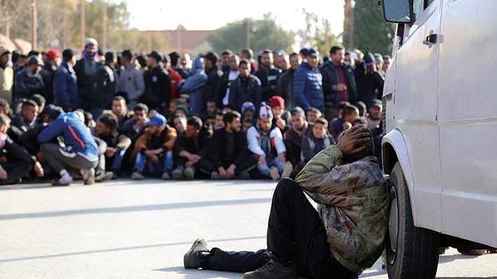 A Moroccan mourns with others during the funeral of a miner who died in an accident in a disused coal mine in the northeastern city of Jerada, 60 kilometres southwest of Oujda, on February 1, 2018.
The latest deadly accident brought out thousands of demonstrators who gathered in front of the local police station, according to a local representative for the Moroccan association for human rights.
Similar mass protests against economic marginalisation broke out in the city in December 2017 after two brothers died in a tunnel accident. / AFP PHOTO / STR